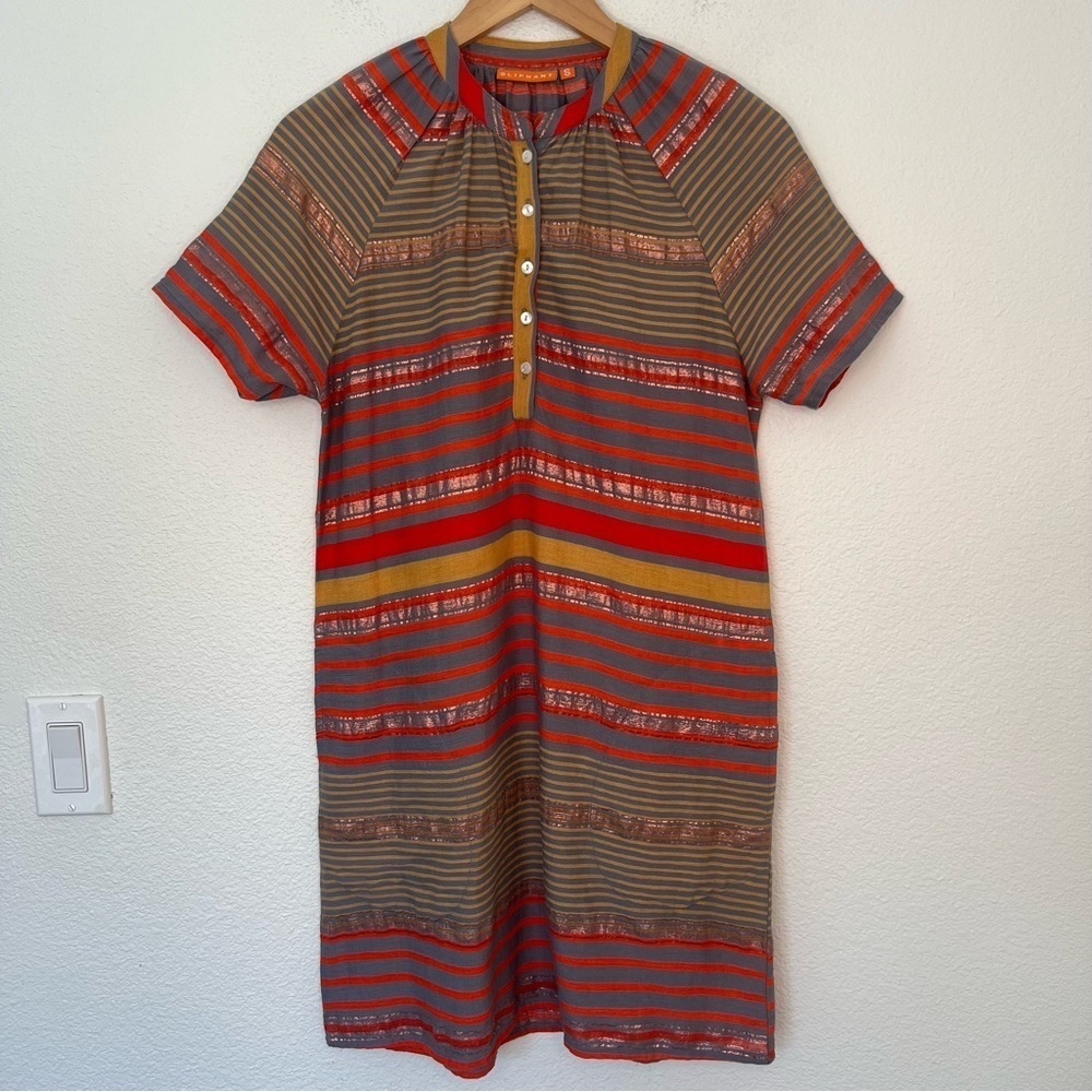 Oliphant Striped Short-Sleeve Shift Dress in Red, Mustard & Olive
